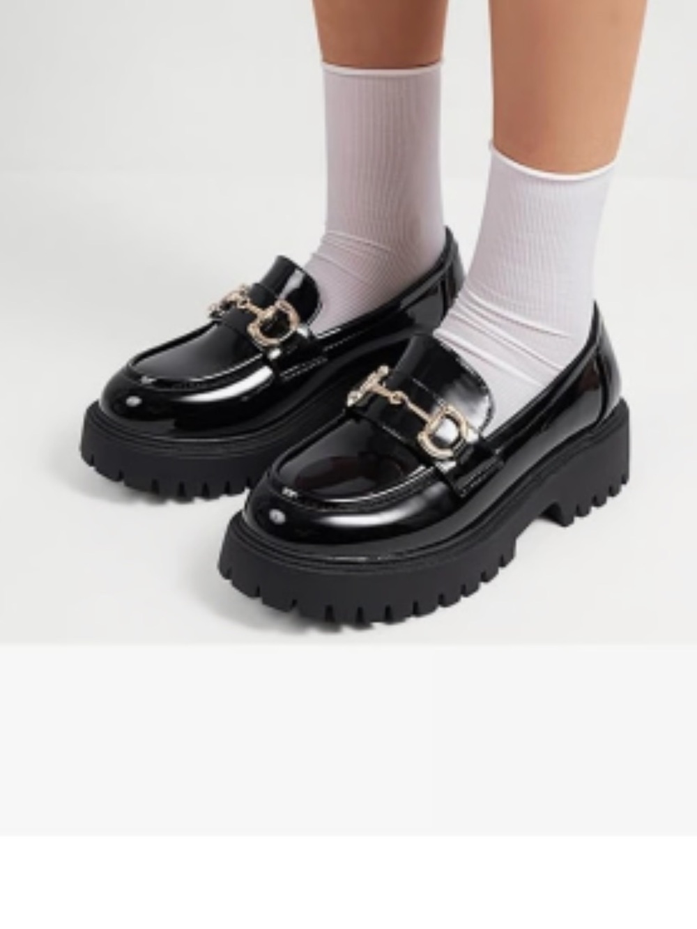 Steve Madden Black Patent Chunky Loafers with Gold Chain